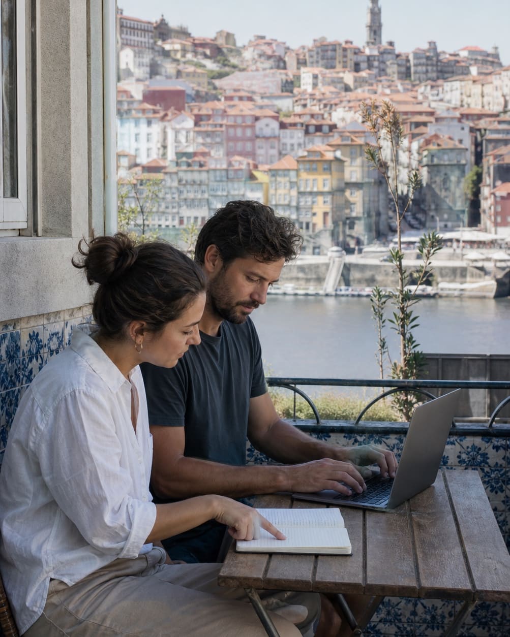 Remote professional working naturally from a Portuguese terrace