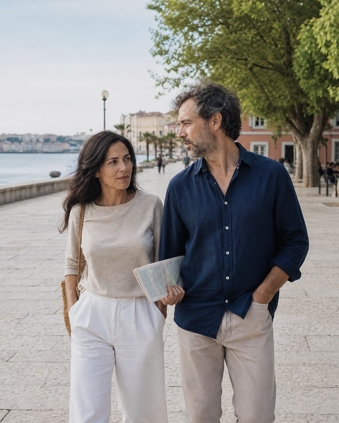 International couple considering life in Portugal beside the Tagus