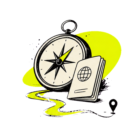 Hand-drawn compass, passport and route illustration