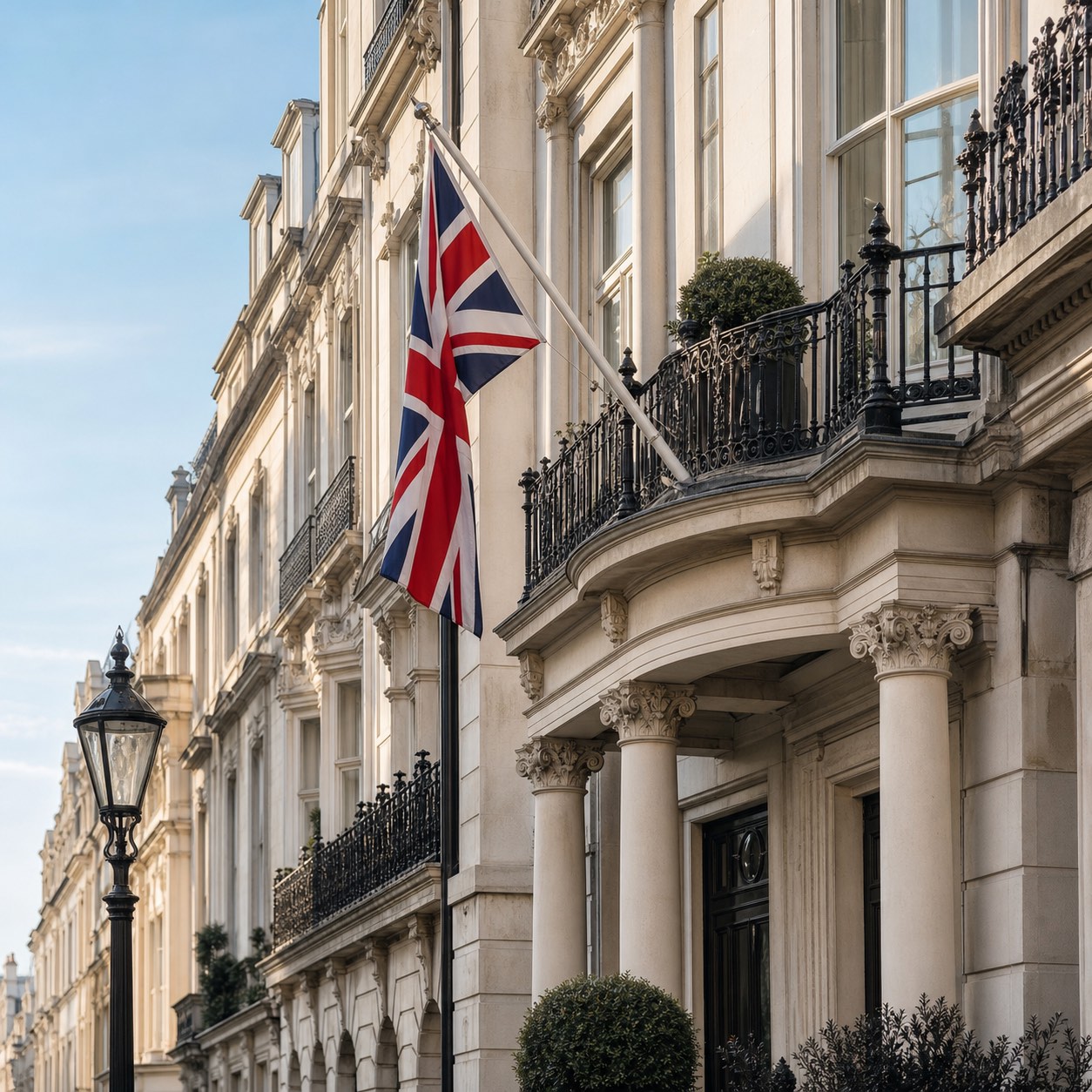 A row of London townhouses in afternoon light