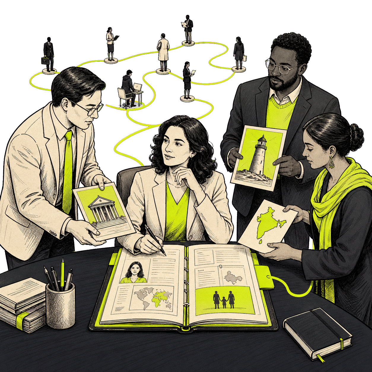 Editorial illustration of specialists coordinating one immigration case